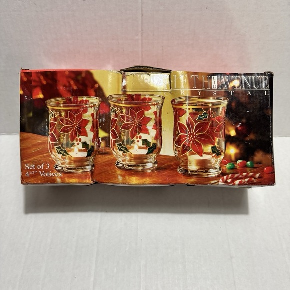 Fifth Avenue Crystal Poinsettia Set Of 3 Votive Candle Holders 4.5" Holiday Xmas - Picture 8 of 12